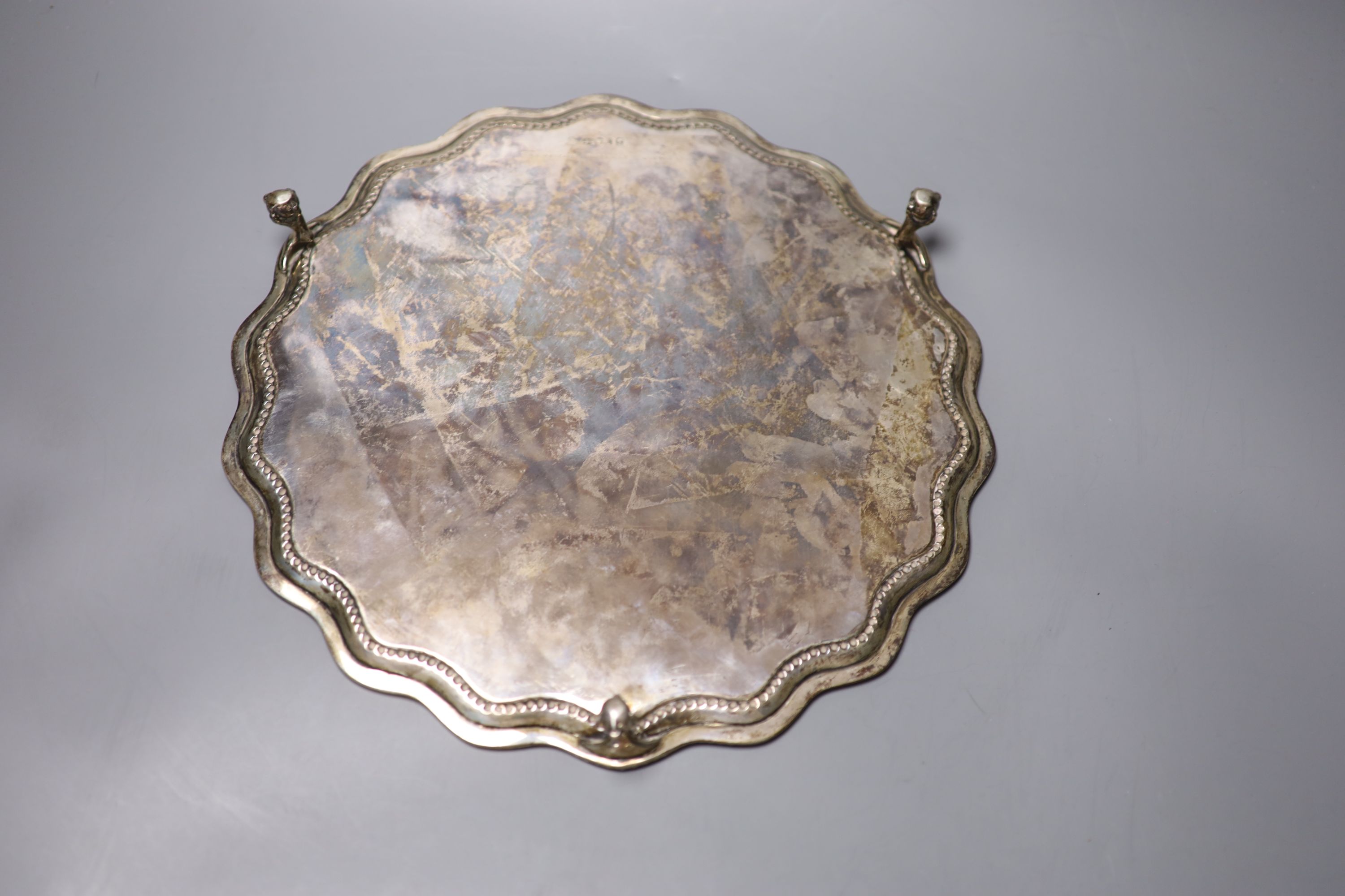 A Victorian silver salver, with engraved inscription, Robert Garrard II, London, 1869, 31.1cm, 27oz.